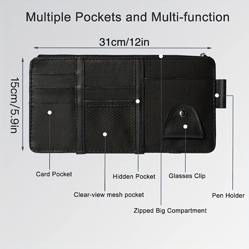 Car Sun Visor Organizer with Multiple Pockets and Card Holders in PU Leather
