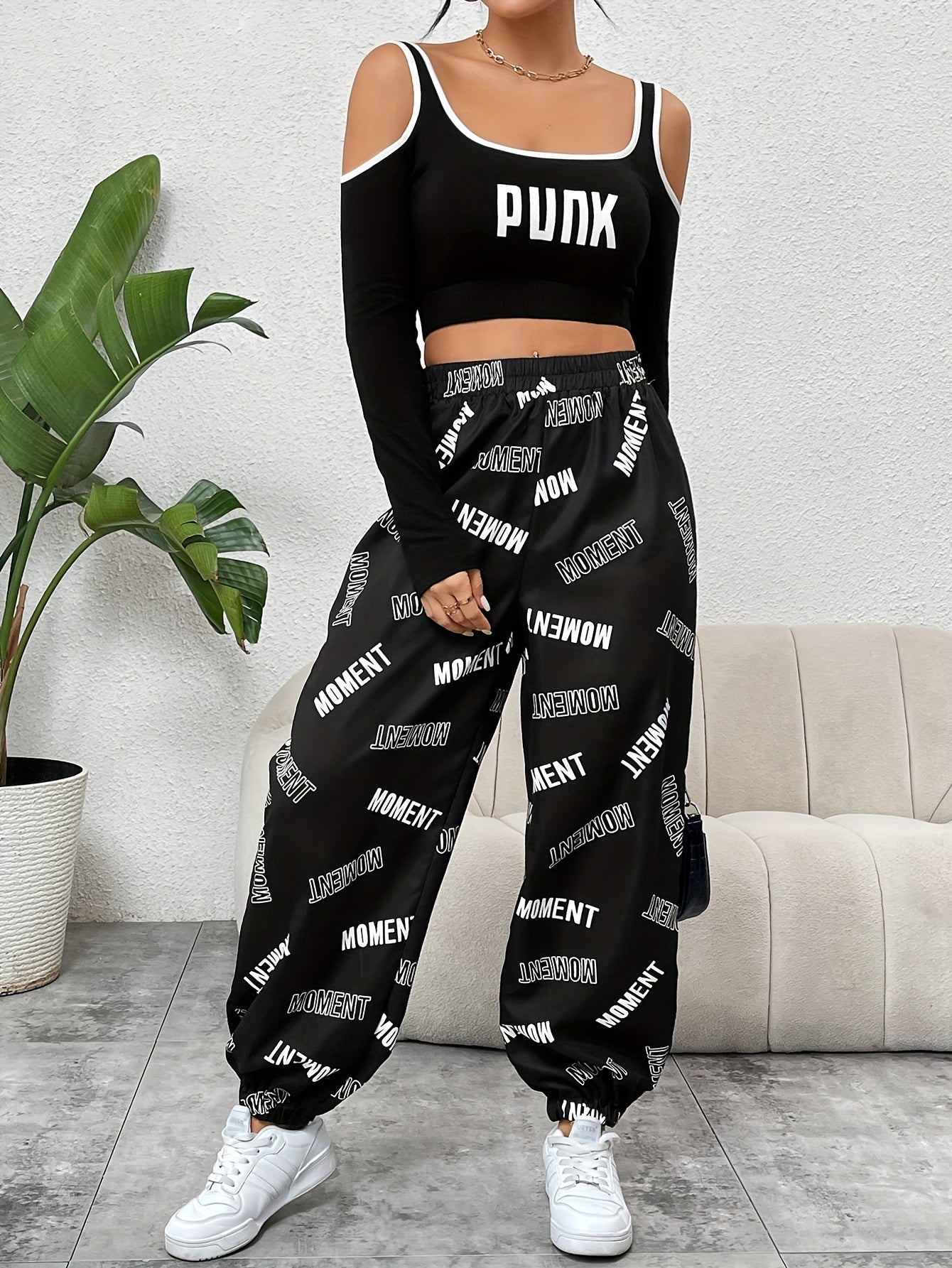 Women's Monogrammed Casual Pants with Elastic Waistband Polyester All-Season