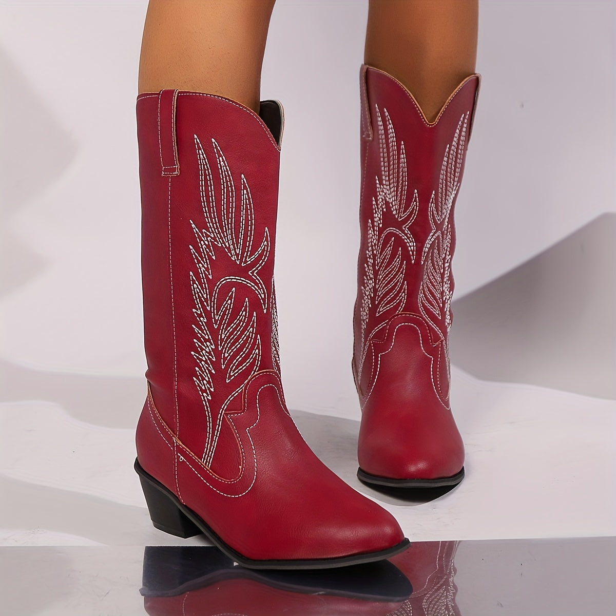 Women's Embroidered Leather Western Cowboy Boots Pointed Toe Mid-Calf