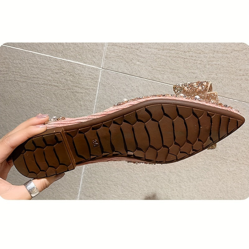Women's Fabric Ballet Flats with Rhinestone Bow Pointed Toe Slip-On Casual Shoes