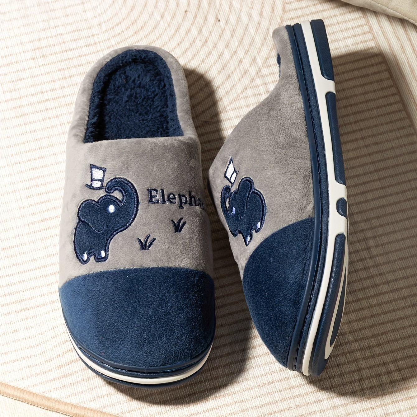 Women's Plush Slip-On Slippers with Elephant Cartoon Soft Fabric Grey Pink