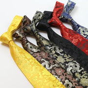 Men's Silk Tie with Hand-Embroidered Chinese Dragon and Peony Design