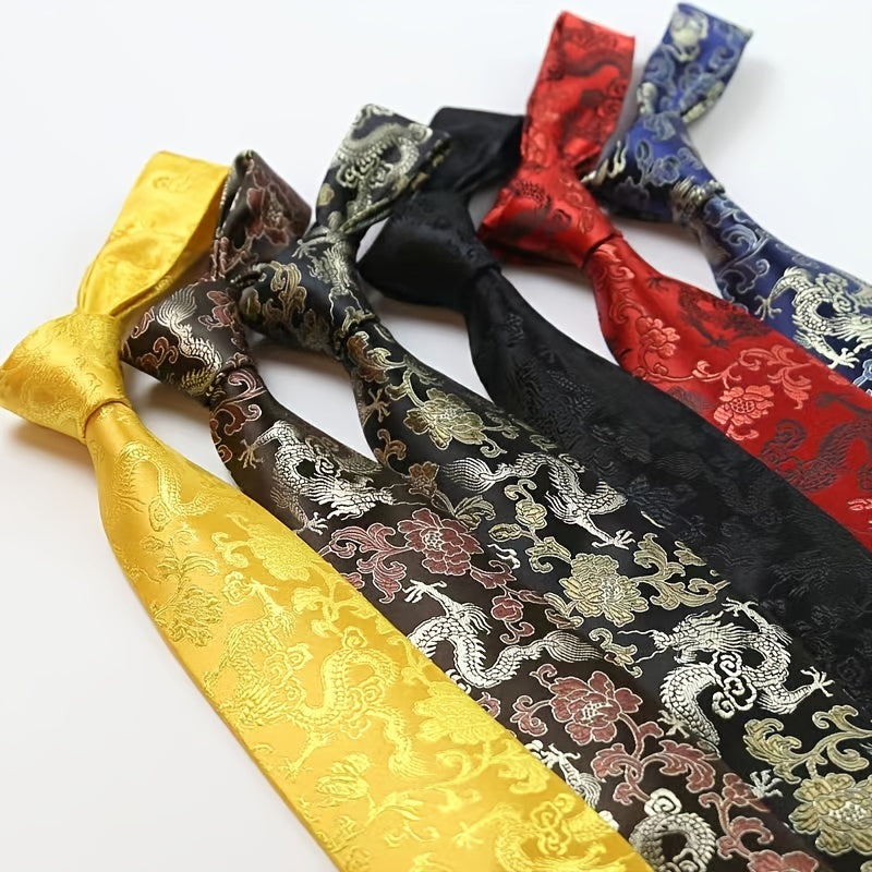 Men's Silk Tie with Hand-Embroidered Chinese Dragon and Peony Design