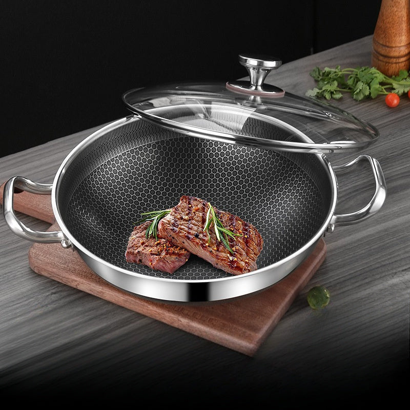 Stainless Steel Wok Pan 32/34/36cm Non-Stick Induction Gas Safe Honeycomb Design