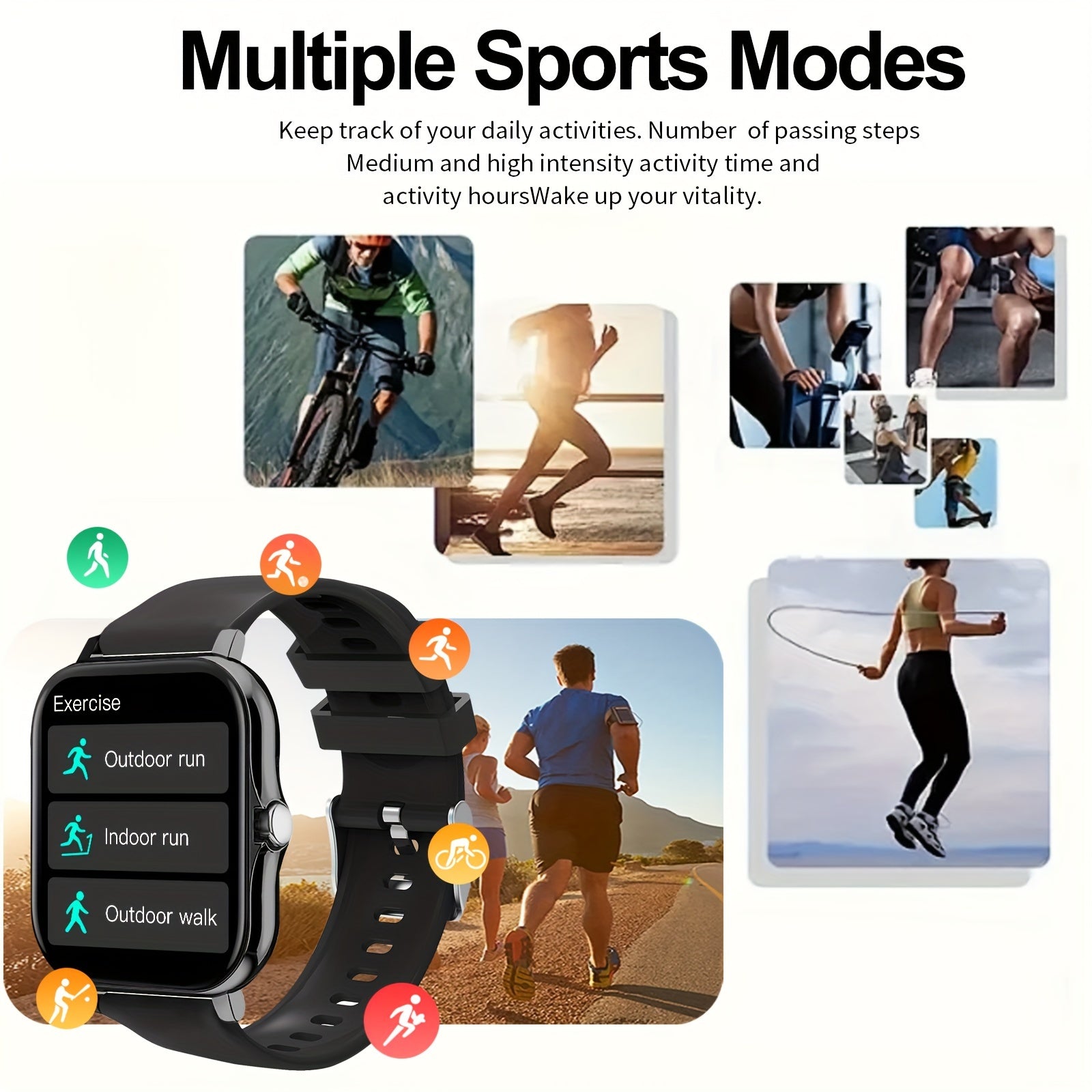 Full-Screen Touch Smartwatch with Call Alerts Sports Modes Compatible with Android and iPhone Square Silicone Band
