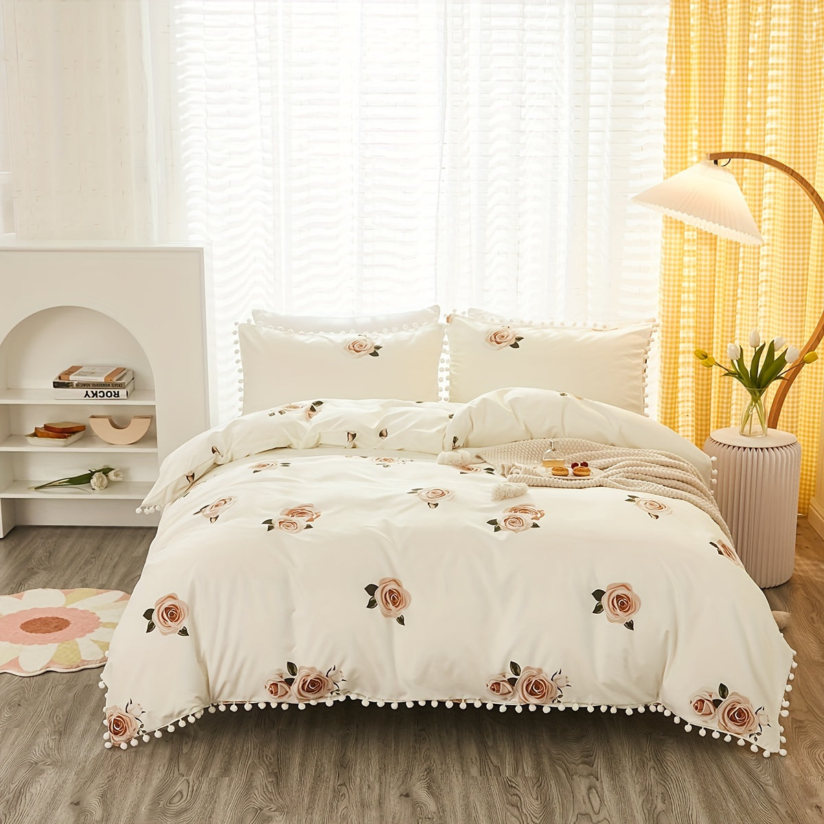 Set of 3 Pastoral Flower Print Duvet Cover Set with Pompom Details Soft Cozy Bedding for Bedroom or Guest Room