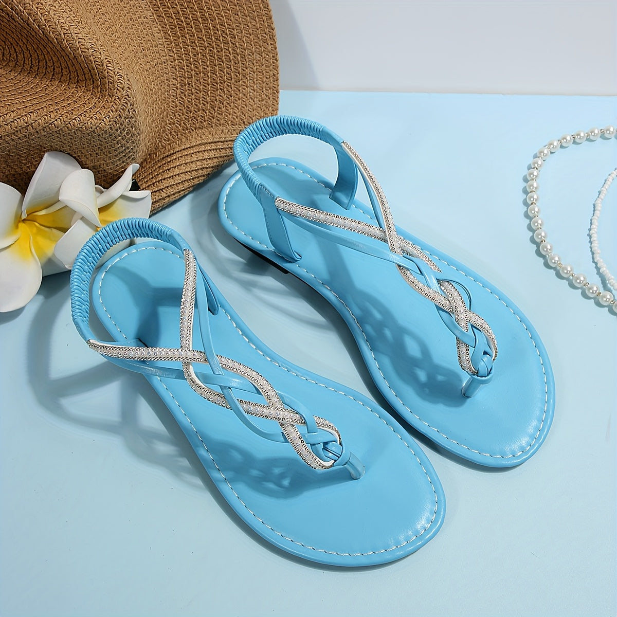 Women’s Bohemian Flat Sandals with Crisscross Straps Sparkling Accents