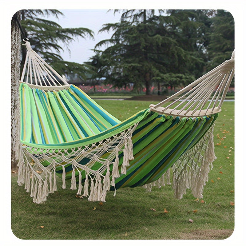 Bohemian Style Cotton Blend Hammock with Fringe Thick Ropes 204kg Capacity for Outdoor Garden Patio