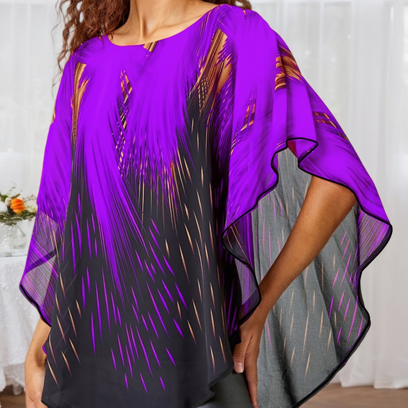 Plus Size Women's Mesh Panel Faux Two-Piece Top Black Turquoise Flame Print Short Sleeve Blouse