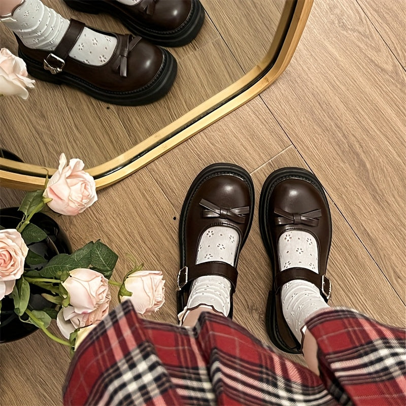 Women’s Black Synthetic Mary Jane Shoes with Bow, Rubber Sole