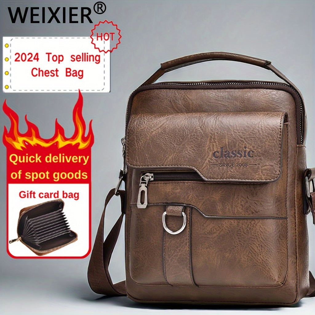 Men's Water-Resistant PU Crossbody Bag with Large Capacity Vintage Vertical Business Casual Style