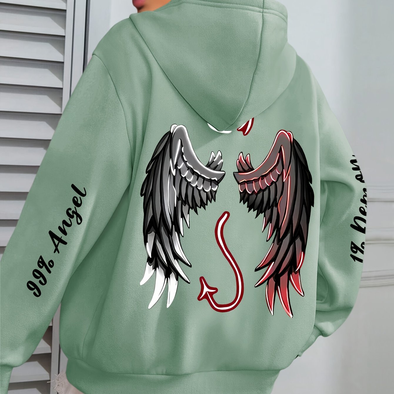 Plus Size Women's Angels & Demons Print Hoodie Long Sleeve Sweatshirt