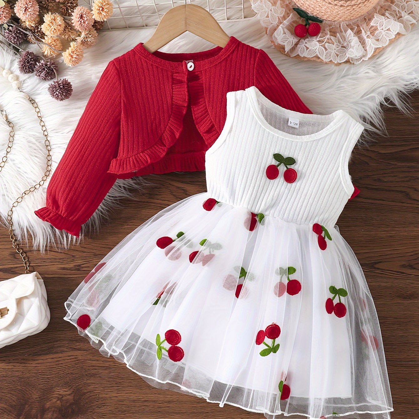 Girls' Dress Set with Ruffle Top and Cherry Embroidered Mesh Dress for Spring Fall