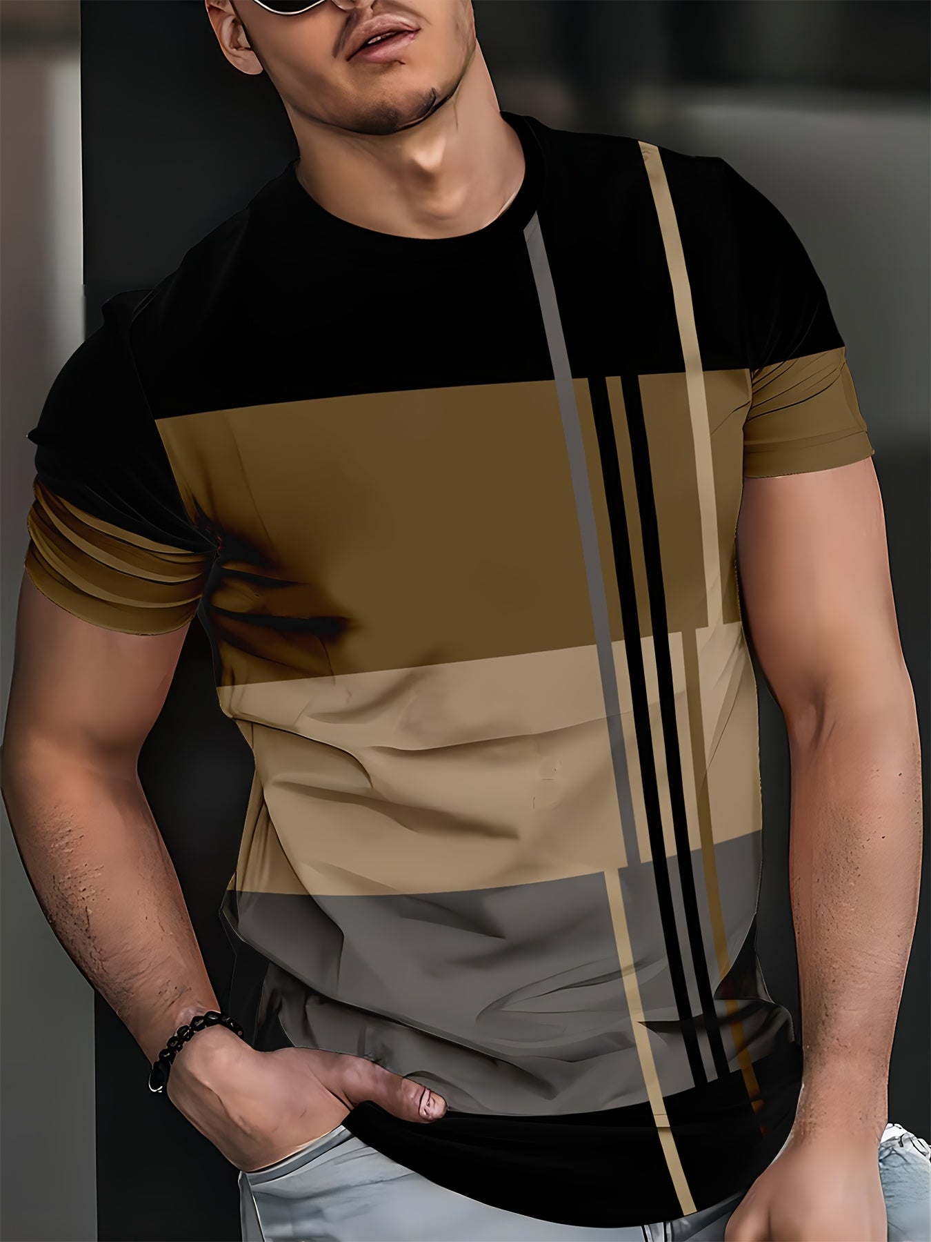 Мужская 3D полосатая полиэстеровая повседневная футболка с круглым вырезом