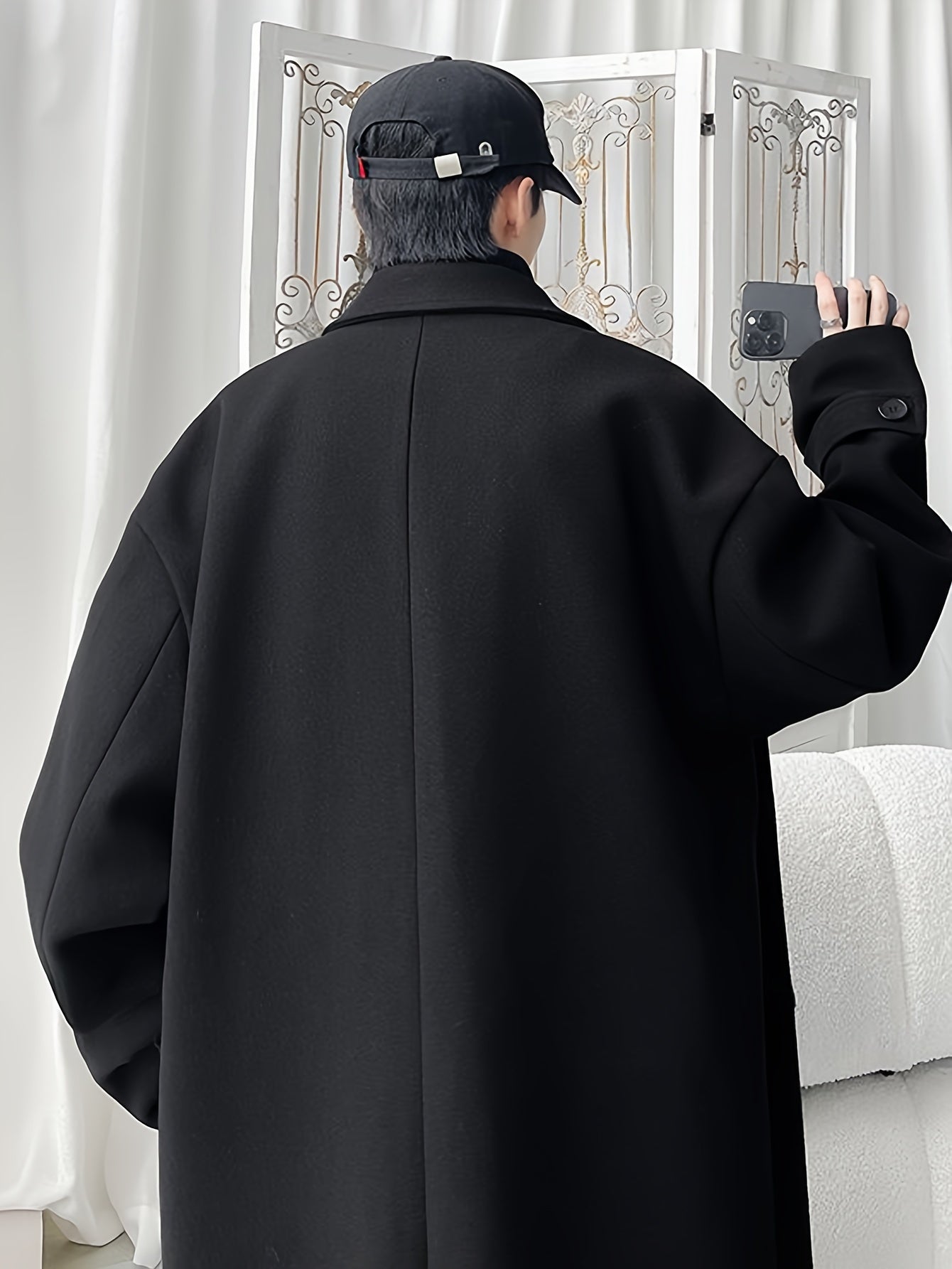 Men's Double-Breasted Overcoat Casual Long Coat Fall Winter Solid Color Polyester Open Collar