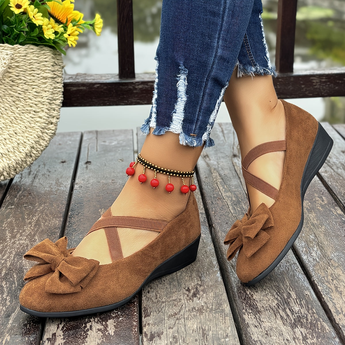 Women's Gray Mary Jane Flats with Bow - Lightweight Slip-On Comfort Shoes