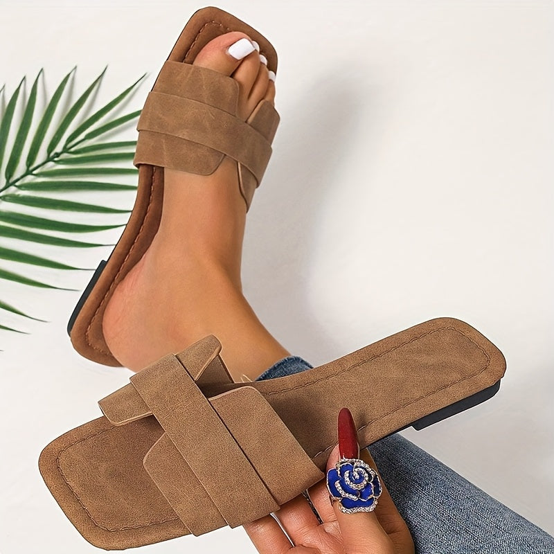 Women's Brown Slide Sandals with Gold Chain Ankle Strap, Open Toe