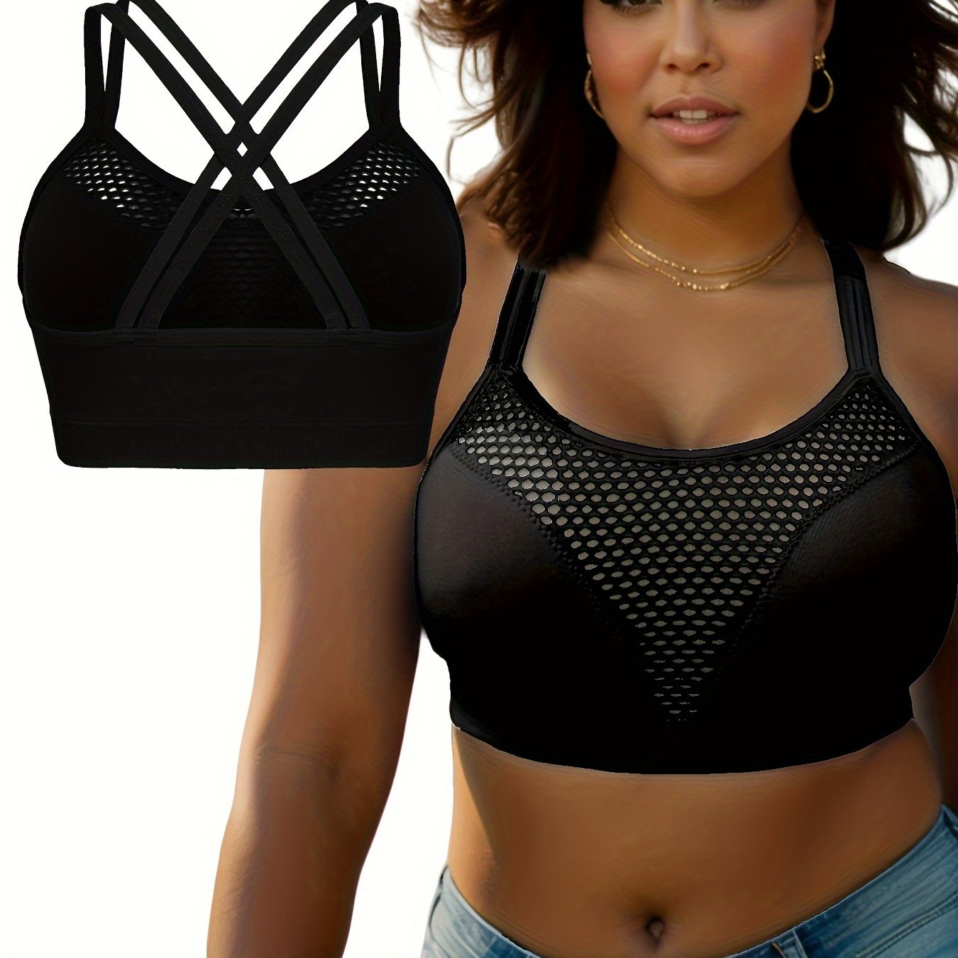Women's Plus Size Breathable Sports Bra with Removable Pads and Crisscross Back