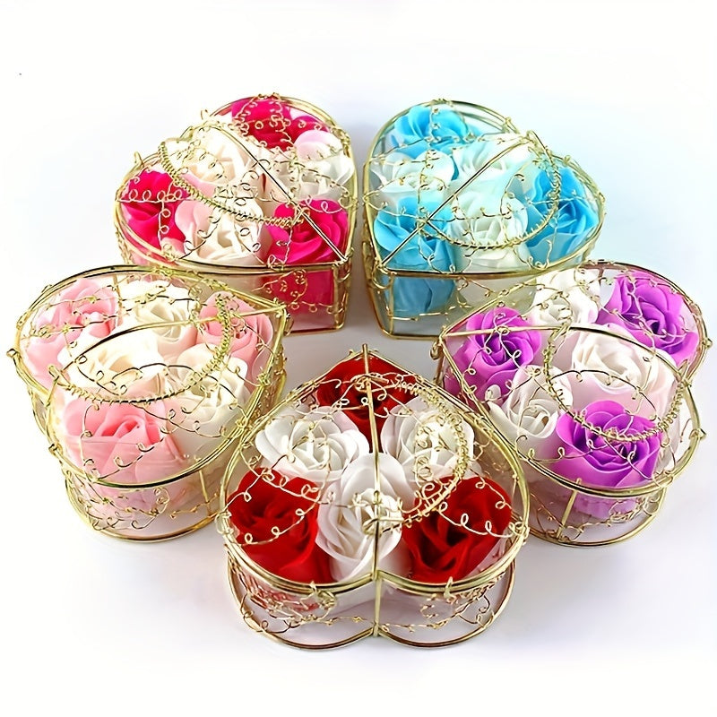 Set of 6 Scented Soap Roses in Metal Basket Gift Box for Home Decor and Gifting