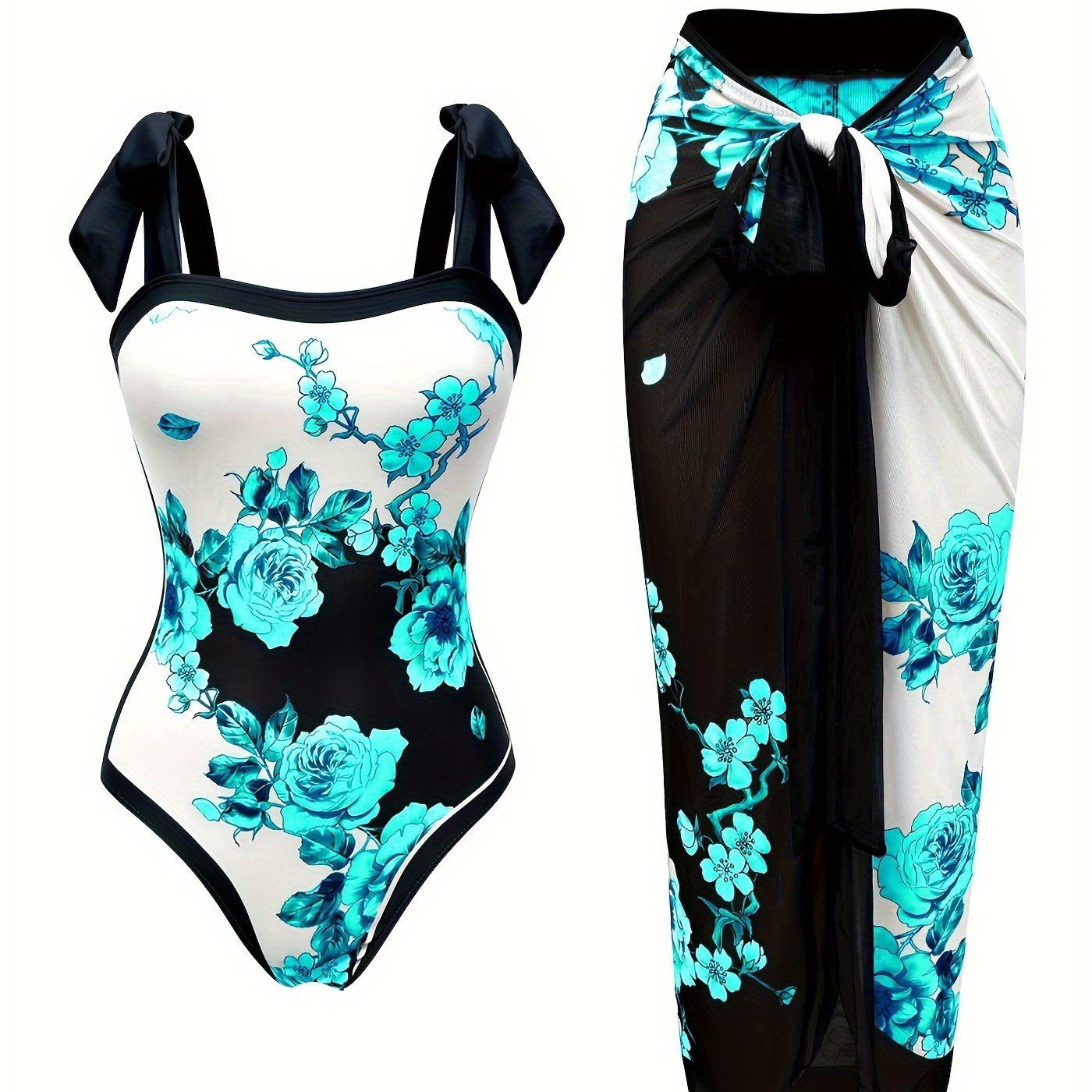Women's Floral Sun Protection One-Piece Swimsuit with Sheer Skirt Polyester Elastane