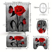 Water Drop Rose Printed Bathroom Shower Curtain Set with Hooks Non-Slip Mat Toilet Lid Mat Bathtub Partition