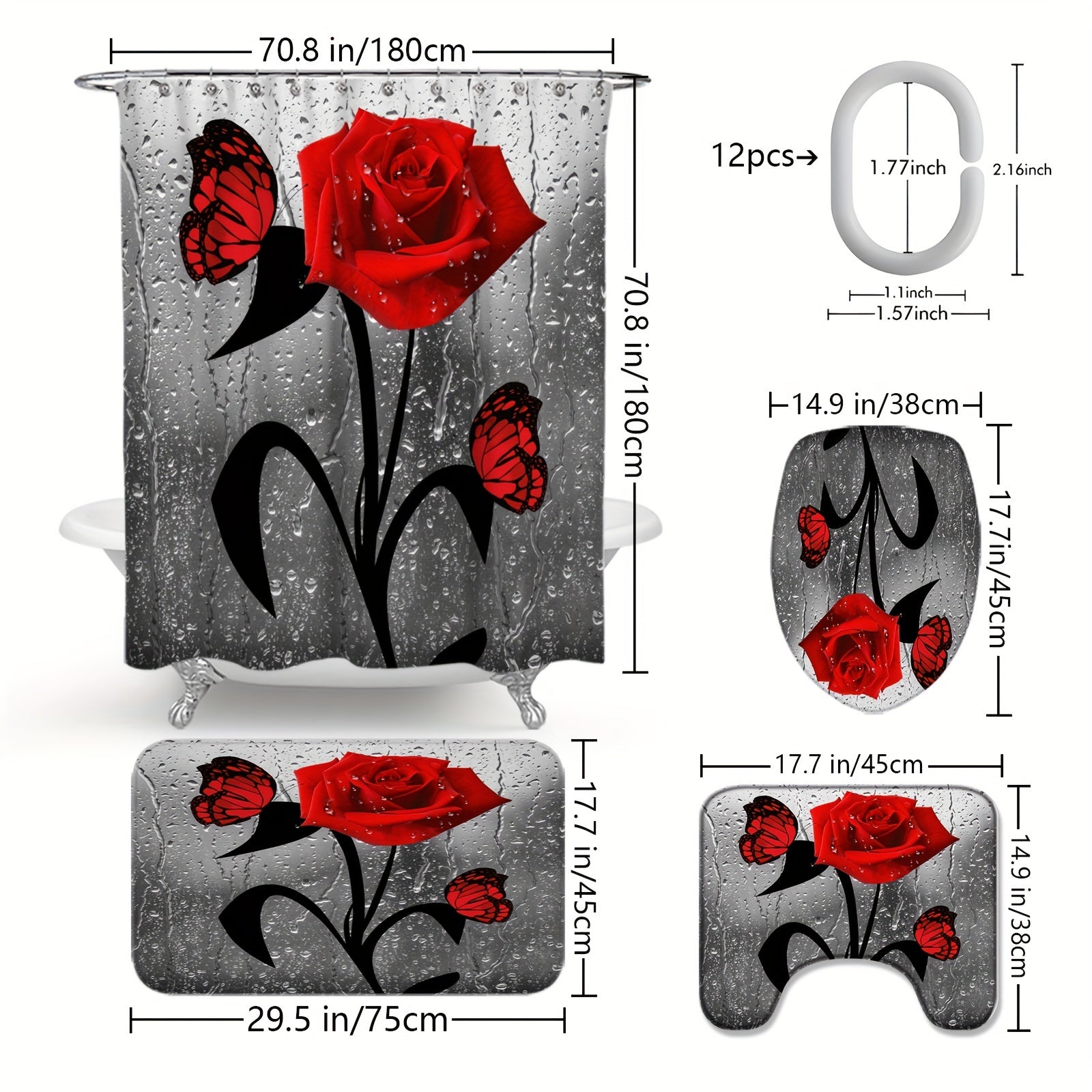 Water Drop Rose Printed Bathroom Shower Curtain Set with Hooks Non-Slip Mat Toilet Lid Mat Bathtub Partition