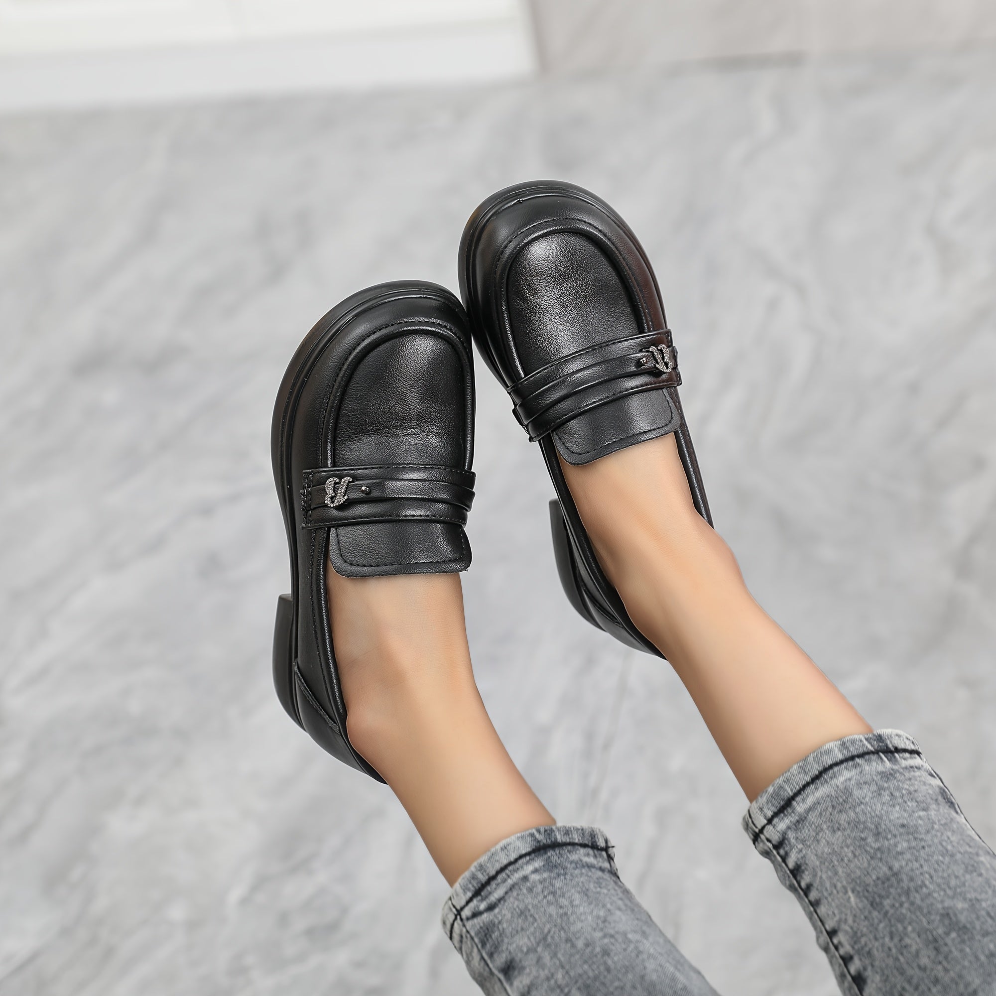 Women's Black Faux Leather Slip-On Loafers with Thick Sole