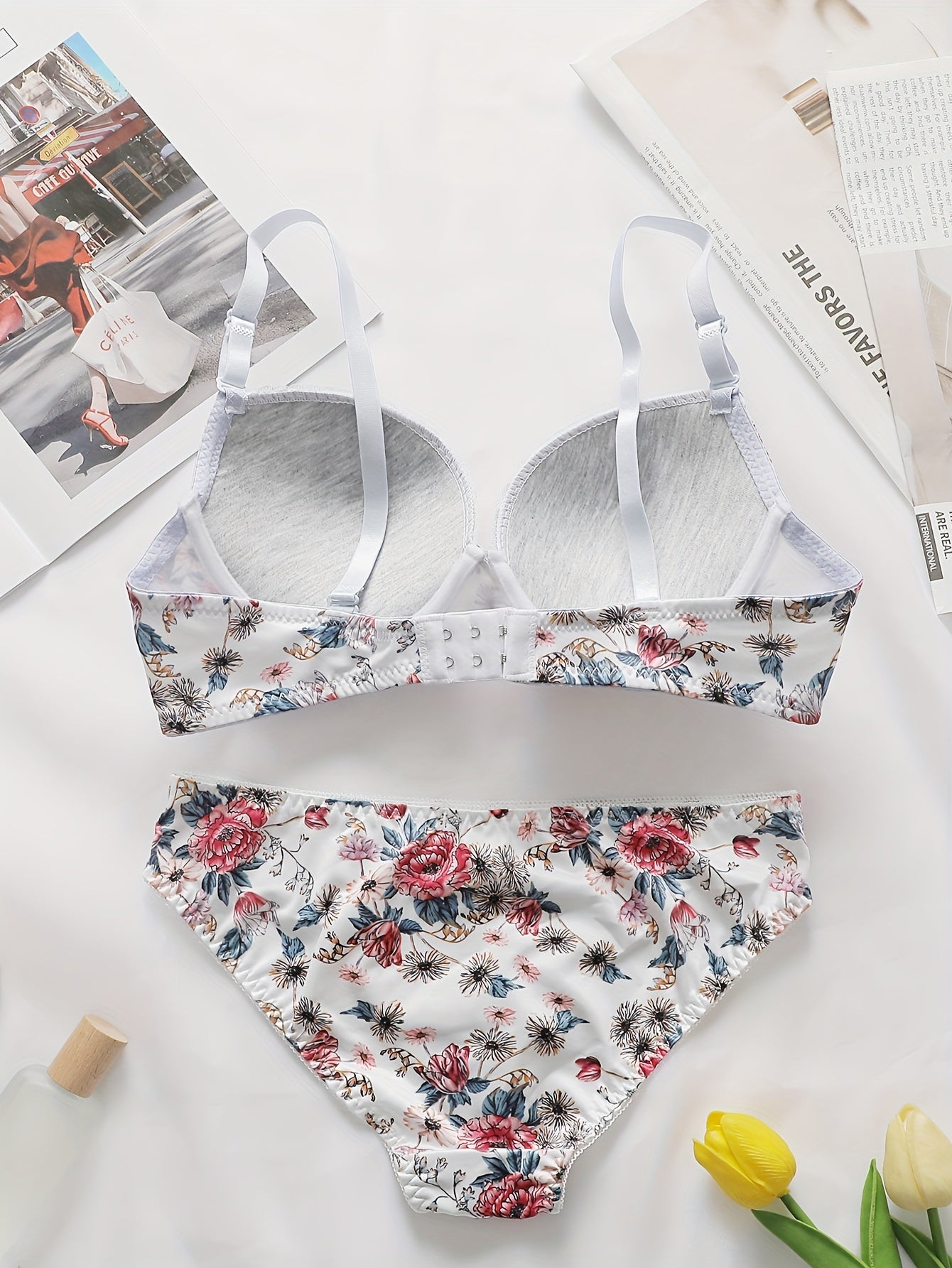 Women's Floral Push-Up Lingerie Set with Underwire Support and Ruched Details
