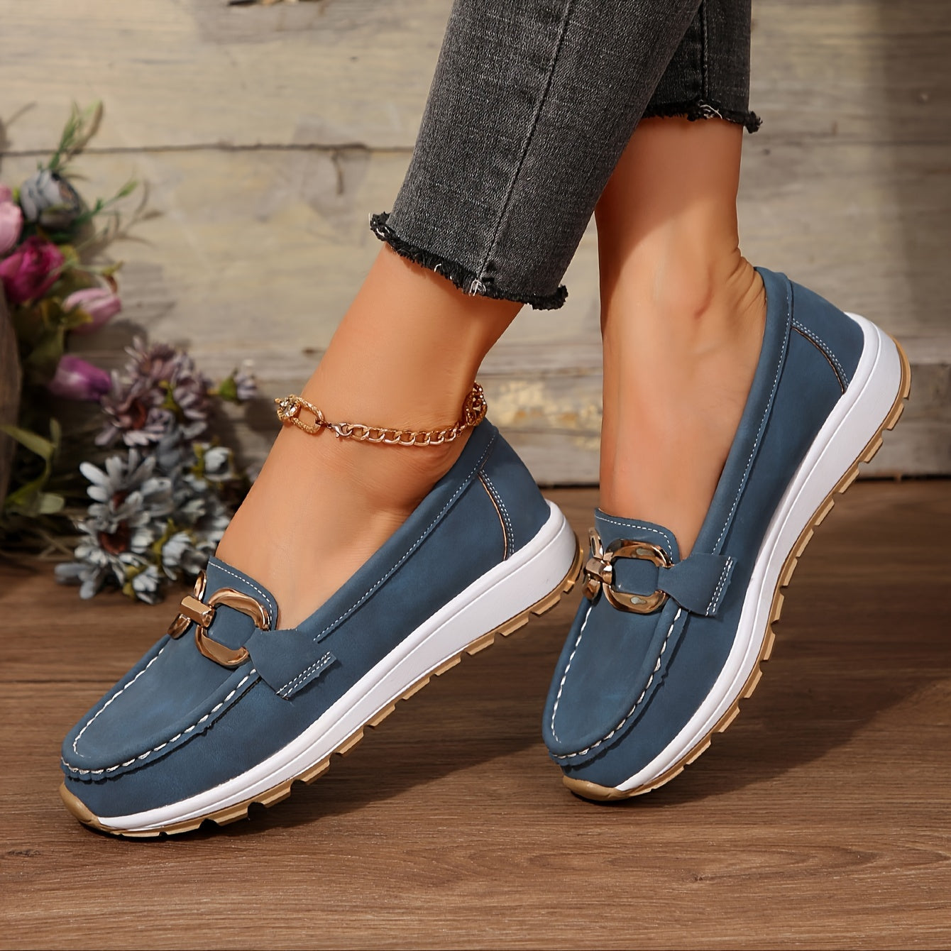 Women's Navy Blue Penny Loafers Synthetic Cover All-Season Comfort