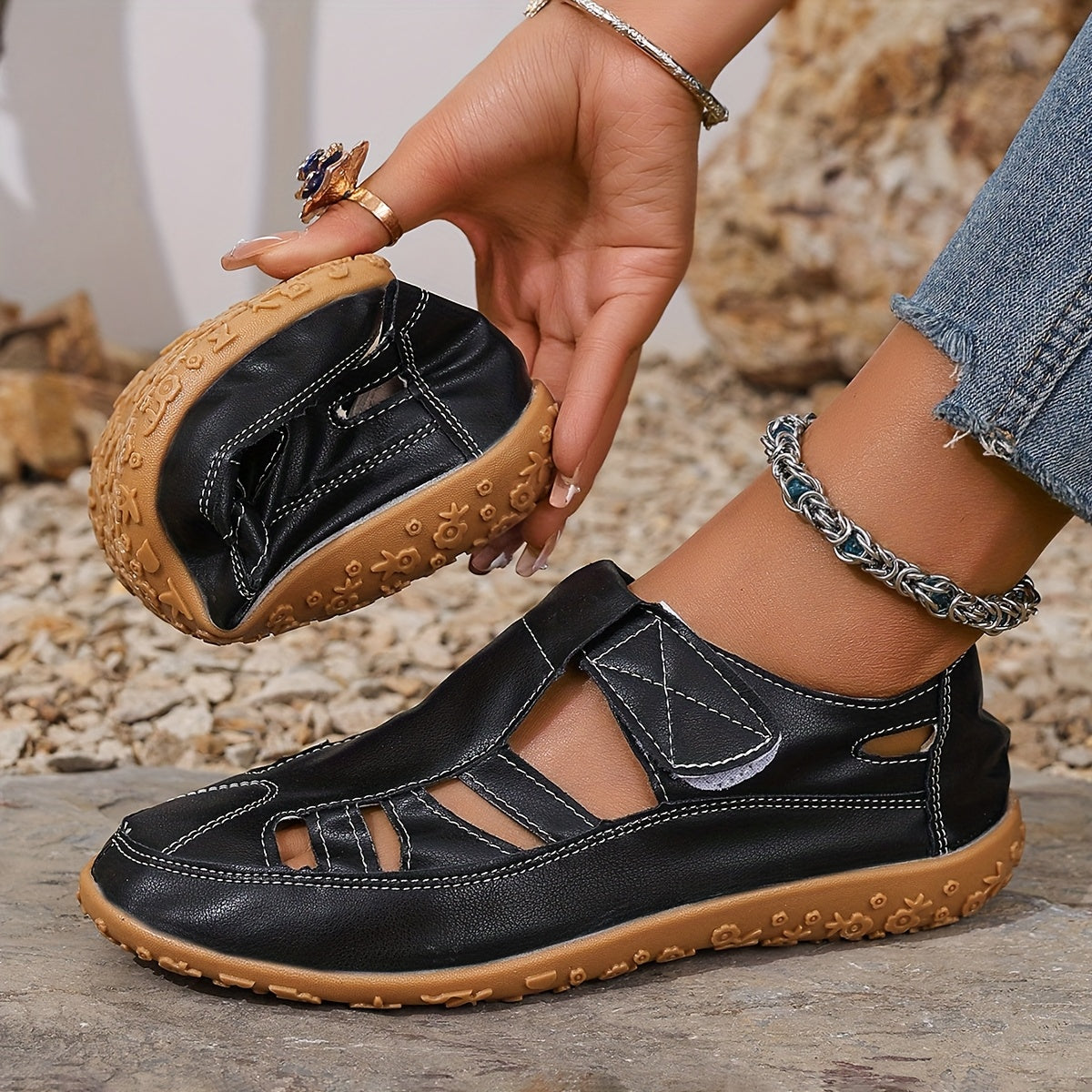 Women's Flat Sandals Casual Open-Toe Roman Slides Black Rubber Sole