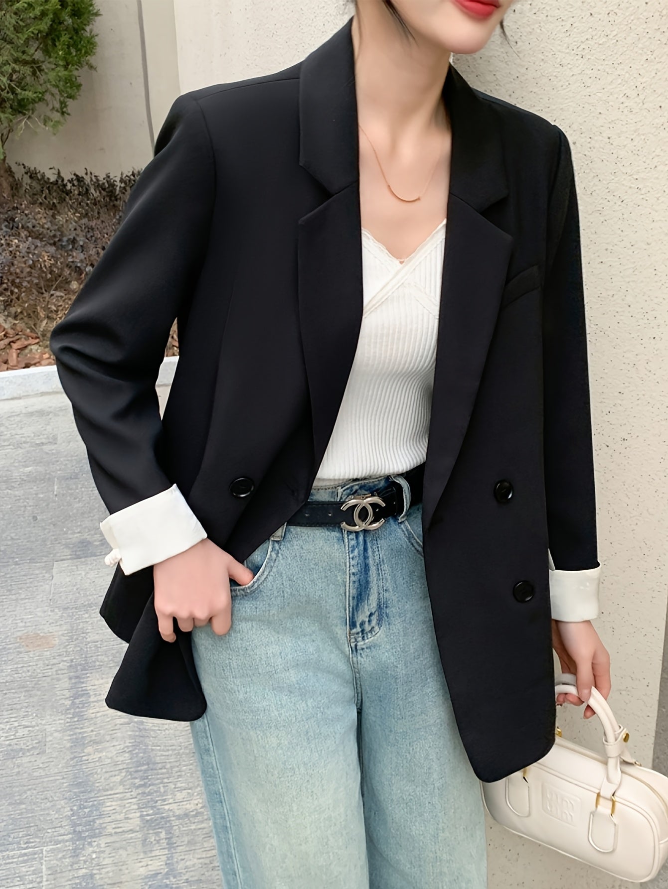 Women Plus Size Light Pink Double-Breasted Blazer Long Sleeve Office Casual