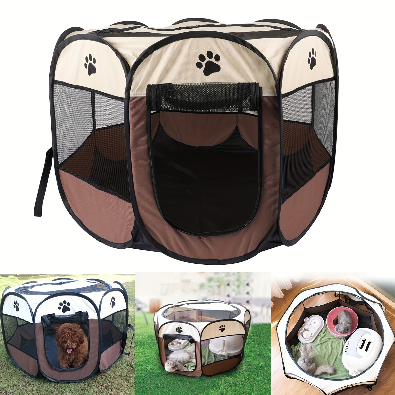 Foldable Cat Tent Bed with Paw Print Design, Polyester, Indoor Outdoor Use