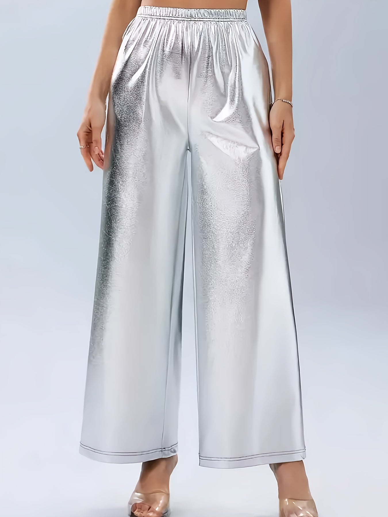 Women's Plus Size Metallic Wide Leg Pants Elastic Waist Shiny Polyester