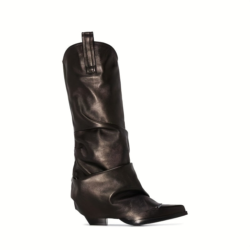 Ayollar uchun Camo print Western chiroqlari kvadrat barmoqli, qalin o'rta poyabzal, tizzaga qadar uzunlikdagi poyabzal