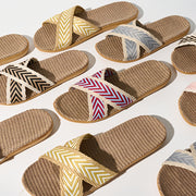 Women's Linen Slides Black and White Chevron Casual Sandals