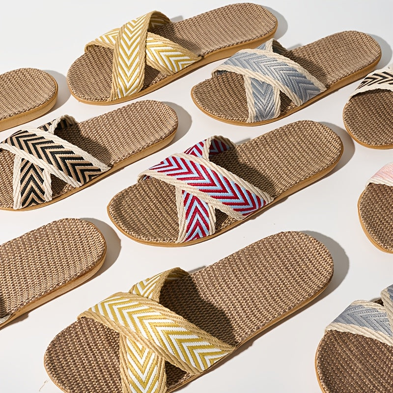 Women's Linen Slides Black and White Chevron Casual Sandals