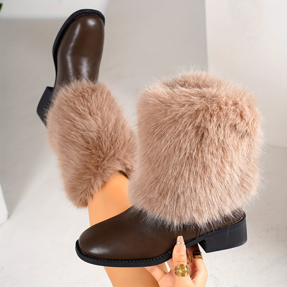 Женские ботинки из искусственного меха на осень-зиму, до середины икры, противоскользящие, теплые
