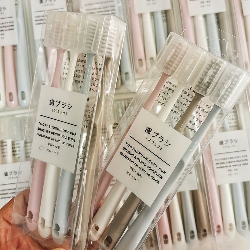 4 ta yaponcha makaron rangidagi yumshoq cho'tkali va himoya qopqog'iga ega tish cho'tkalari, kattalar uchun portativ va professional tish parvarishi uchun.