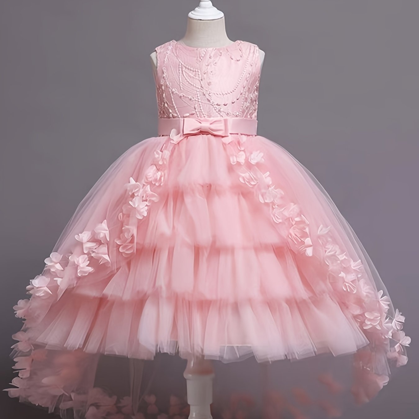 Girls Navy Blue Floral Princess Dress Sleeveless Midi Sequin Beaded Tulle for Special Occasions