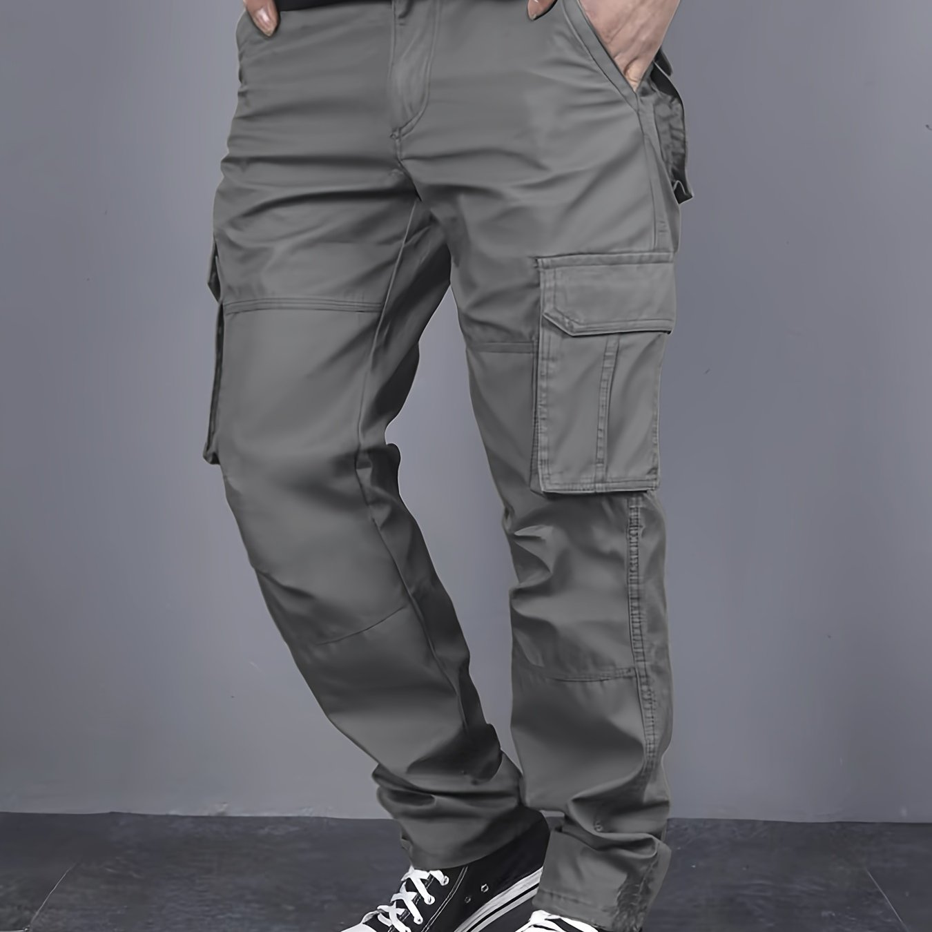 Men Solid Color Cargo Pants with Multiple Flap Pockets and Drawstring Waist for Outdoor Activities