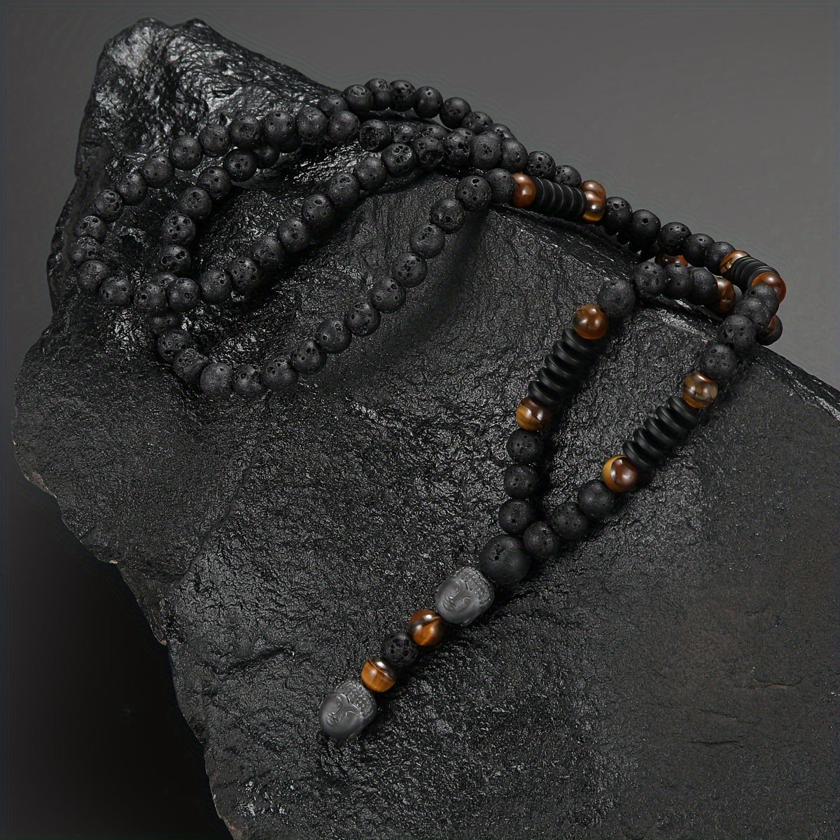 Unisex Natural Stone Bead Necklace with Buddha Head Pendant for Father's Day