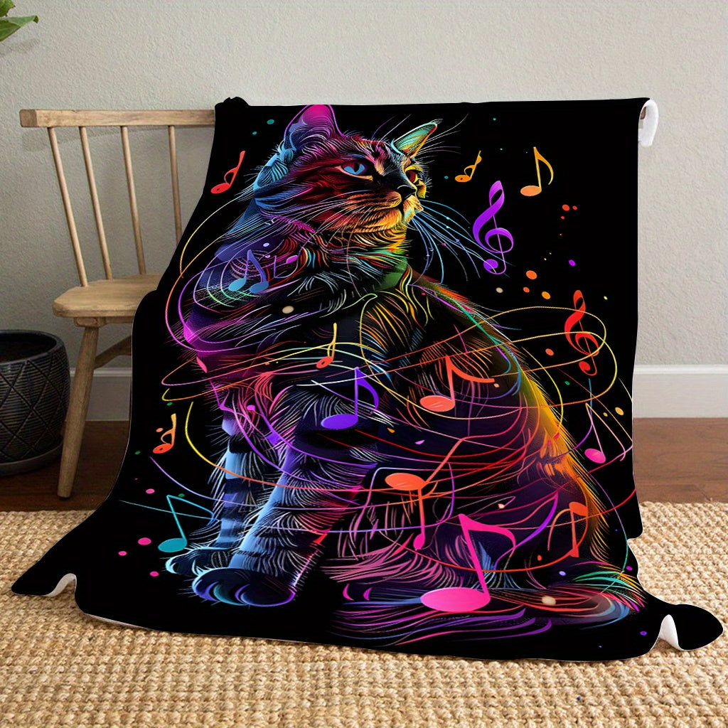 Colorful Music Cat Print Flannel Blanket for Sofa Bed Camping Travel Lightweight 200-250gsm