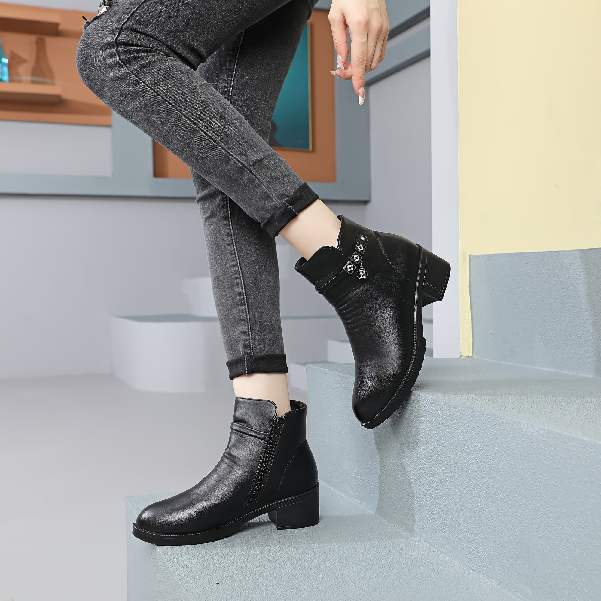 Women’s Ankle Boots With Chunky Heel Zipper Cold Weather Shoes