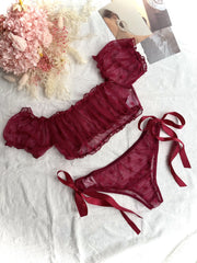 Women's Red Lace Lingerie Set with Off-Shoulder Bra and Low-Rise Panties
