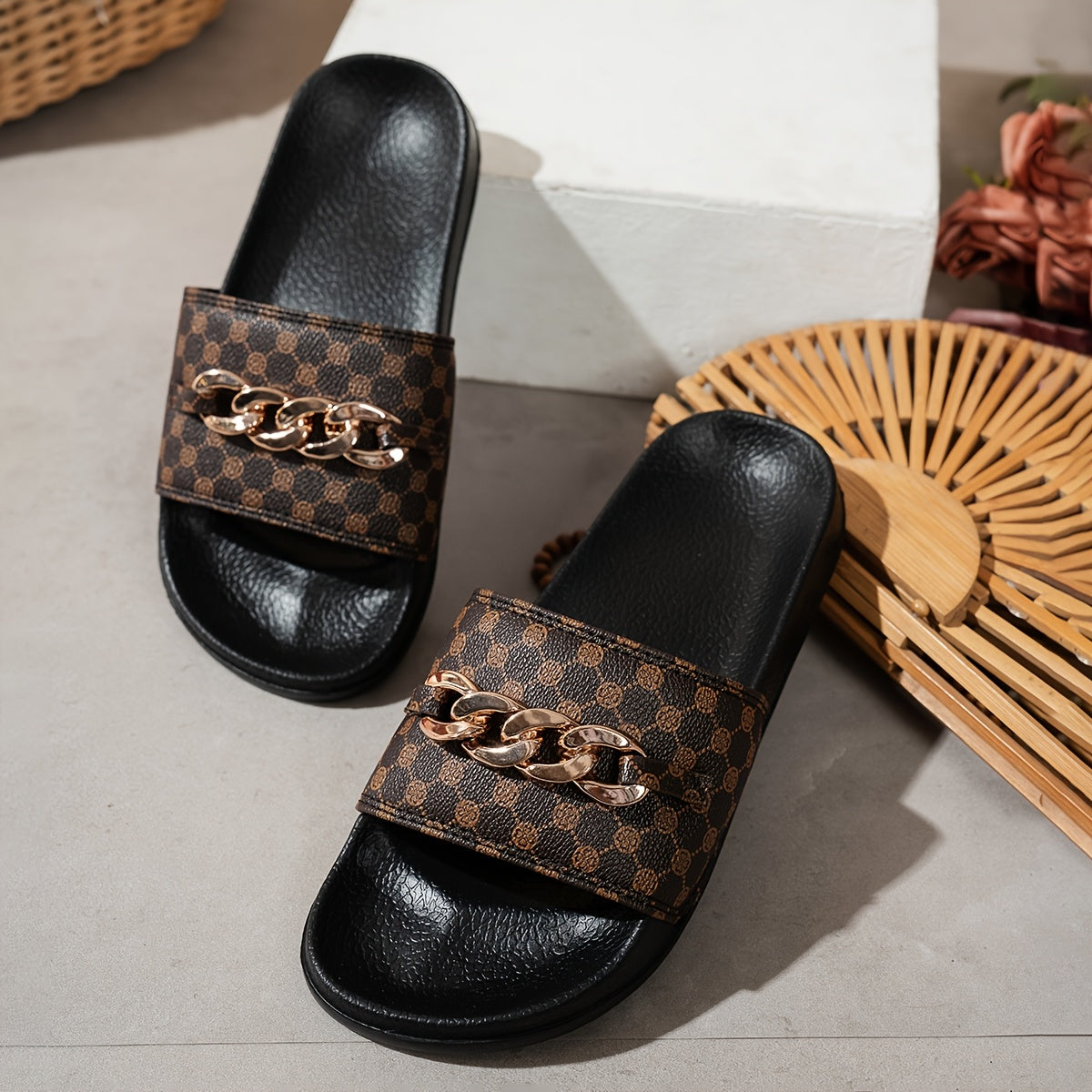 Women's EVA Slide Sandals with Chain Detail, Open Toe, Lightweight, Breathable