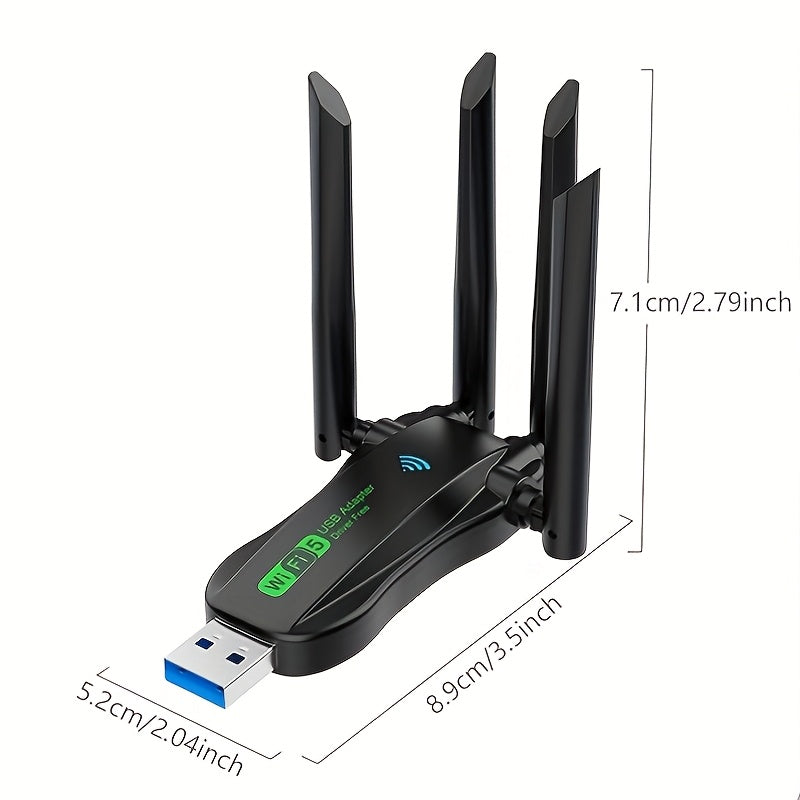 Dual-Band Wi-Fi Adapter 1300Mbps USB 4 Antennas Wall Penetration Low Latency