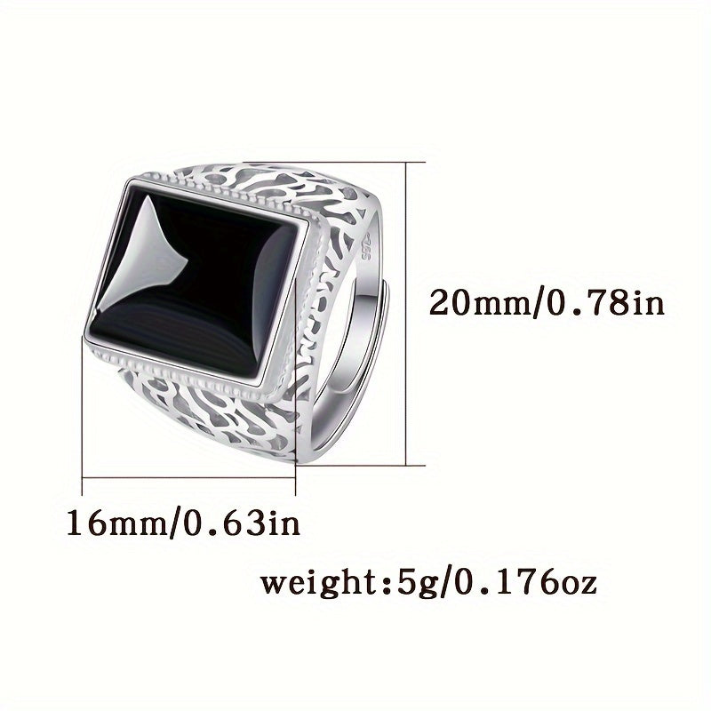 Sterling Silver Open Ring with Black Onyx and Imitation Jade Pattern for Women