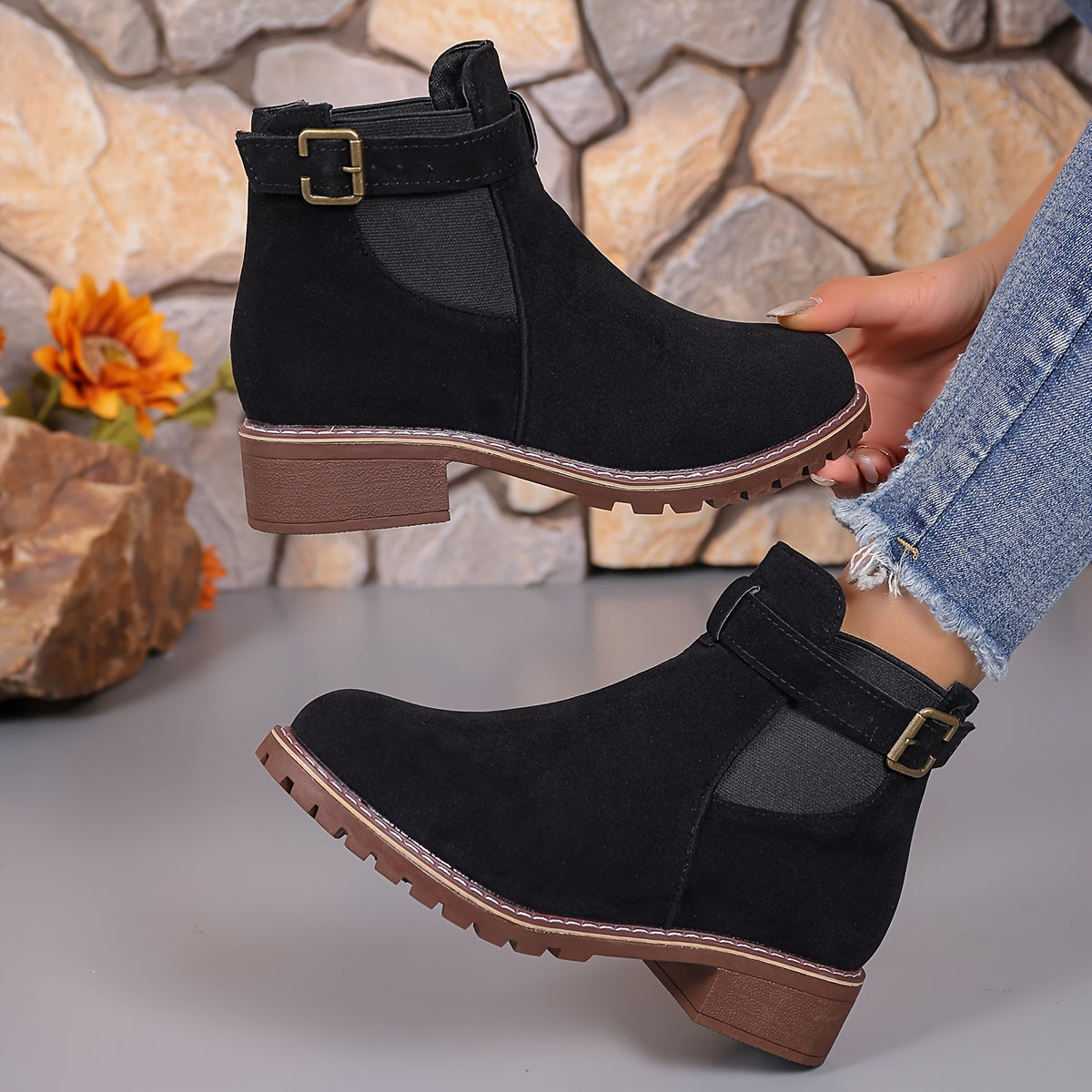 Women's Chunky Heel Ankle Boots Faux Cover Upper TPR Sole Mid-Calf