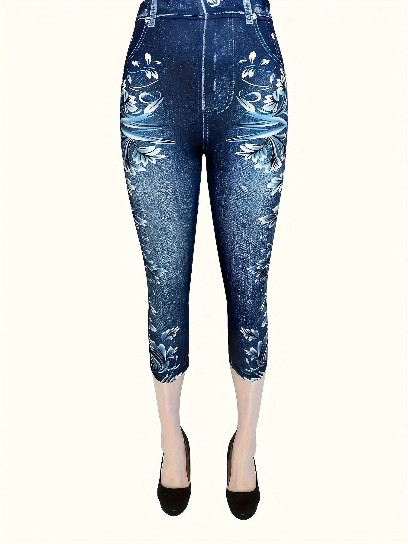 Plus Size Floral Print Capri Leggings Faux Denim Stretchy Casual Summer Women