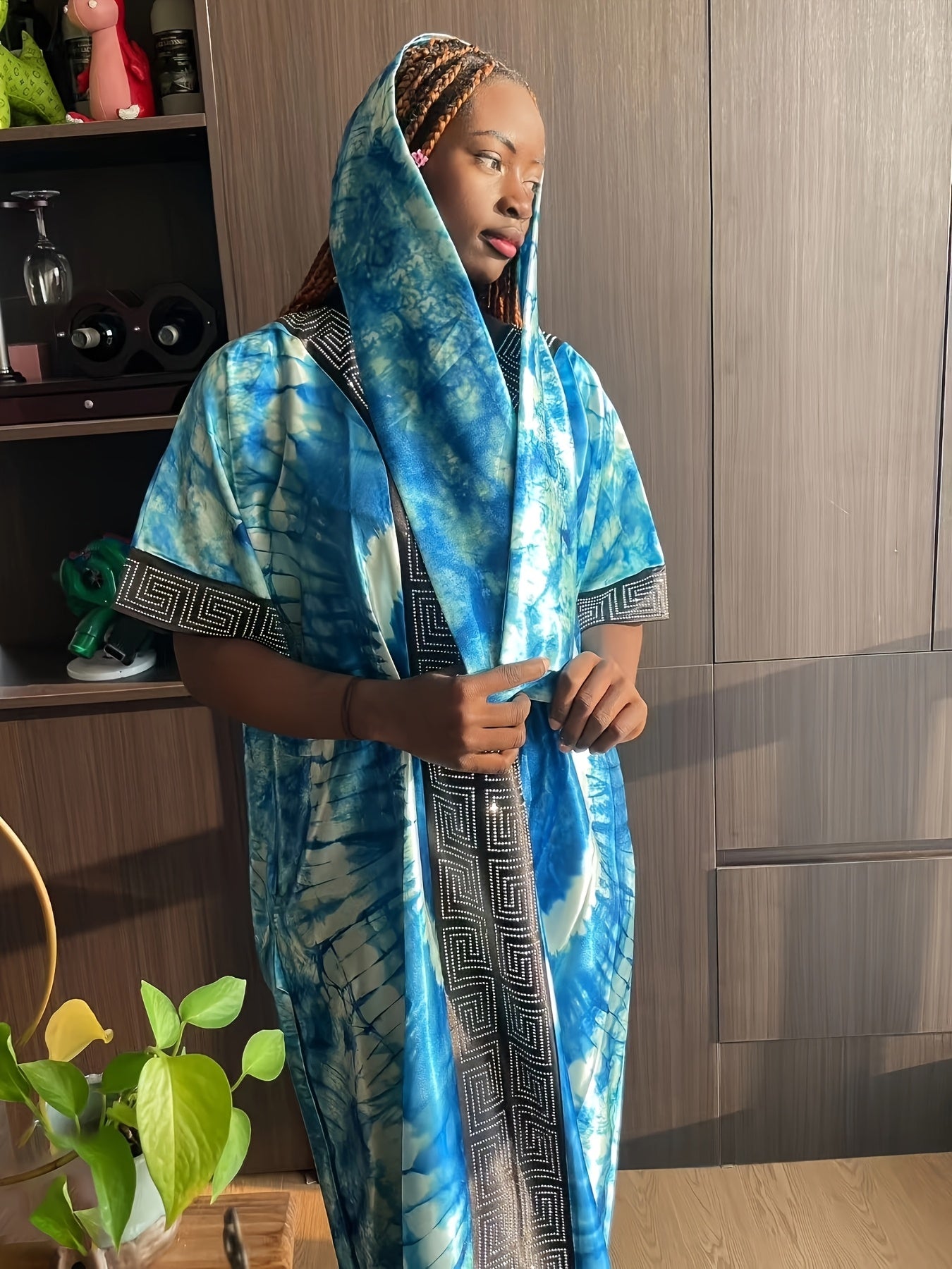 Women's Plus Size Turkish Kaftan Robe Long Dress with Rhinestones